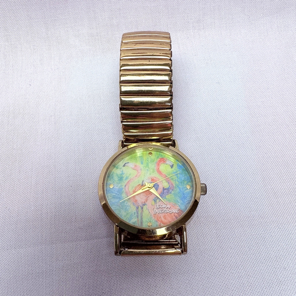 Leoma Lovegrove Flamingo Multicolor Gold Tone Stretch Watch - New Battery
